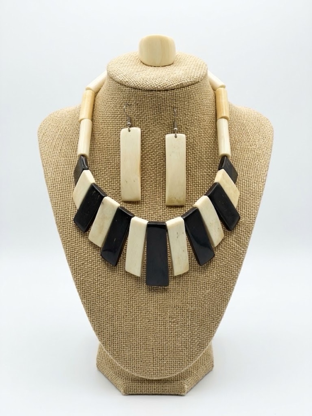 Black & Cream Geometric Resin Necklace with Matching Earrings